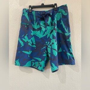 Patagonia Men's Abstract Blue and Teal Board Shorts swim shorts hiking shorts